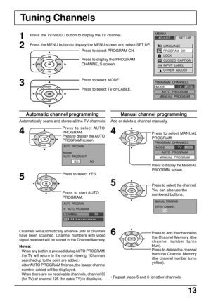 Page 1313
Tuning Channels
Automatically scans and stores all the TV channels.
Notes:
•
When any button is pressed during AUTO PROGRAM,
the TV will return to the normal viewing. (Channels
searched up to the point are added.)
•After AUTO PROGRAM finishes, the lowest channel
number added will be displayed.
•
When there are no receivable channels, channel 69
(for TV) or channel 125 (for cable TV) is displayed.
Press to select PROGRAM CH.
Press to display the PROGRAM
CHANNELS screen.2
3
Press to select MODE.
Press...