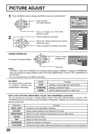 Page 2020
Sub-menu
BACK LIGHT
PICTURE
BRIGHTNESS
COLOR
TINT
SHARPNESS
AI PICTURE
PICTURE ADJUST
1
2
Press to select
PICTURE ADJUST.
Press to display the PICTURE
ADJUST screen.
Press to select the sub-menu.
Adjust the setting watching the picture
behind the menu.
Press to activate the setting if necessary.
BACK LIGHT, PICTURE, BRIGHTNESS, COLOR, TINT, SHARPNESS, AI PICTURE
You can change the sub-menu settings (BACK LIGHT, PICTURE, BRIGHTNESS, COLOR, TINT,
SHARPNESS and AI PICTURE) for each PIC MODE (STANDARD,...