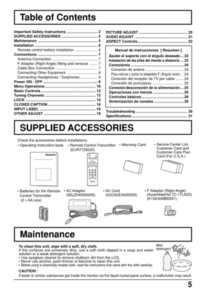 Page 55
PICTURE ADJUST ............................................... 20
AUDIO ADJUST ................................................... 21
ASPECT Controls ................................................ 22
Troubleshooting .................................................. 30
Specifications ...................................................... 31
Table of Contents
Important Safety Instructions .............................. 2
SUPPLIED ACCESSORIES ................................... 5
Maintenance...