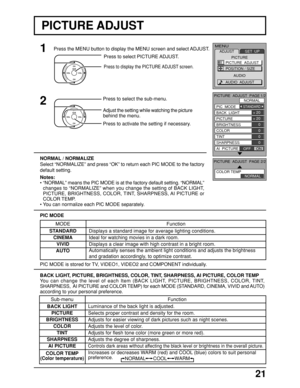 Page 2121
1
2
Press to select PICTURE ADJUST.
Press to select the sub-menu.
Adjust the setting while watching the picture
behind the menu.
Press to activate the setting if necessary.
PIC MODE
Press to display the PICTURE ADJUST screen.
CH
CH VOL VOLO K
MENU
ADJUST
PICTURE
AUDIOSET  UP
PICTURE  ADJUST
POSITION / SIZE
AUDIO  ADJUST
OFF          ONCOOL
COOL
NORMAL
PIC  MODE
BACK  LIGHT
PICTURE
BRIGHTNESS
COLOR
TINT
SHARPNESS
AI  PICTURE+ 20
+ 20
0
0
0
0
OFF     ON
STANDARD
PICTURE  ADJUST  PAGE 1/2
PICTURE  ADJUST...