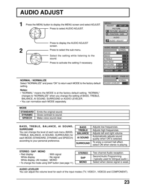 Page 2323
1
2
Press to select AUDIO ADJUST.
Press to display the AUDIO ADJUST
screen.
Press to select the sub-menu.
Select the setting while listening to the
sound.
Press to activate the setting if necessary.
MODE
• Red display : With signal
White display : No signal
White display (All modes) : MONO
• 
To change the mode using SAP button (see page 11).
STEREO / SAP / MONO
BASS
TREBLE
BALANCE
AI SOUND
SURROUND
BASS, TREBLE, BALANCE, AI SOUND,
SURROUND
You can change the level of each sub-menu (BASS,
TREBLE,...