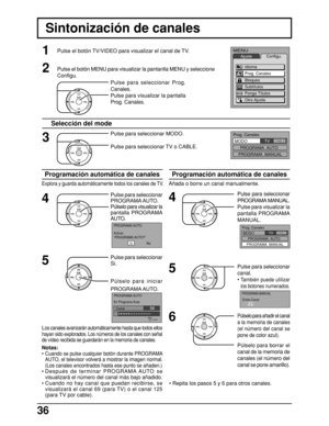 Page 3636
Sintonización de canales
Pulse para seleccionar Prog.
Canales.
Pulse para visualizar la pantalla
Prog. Canales.
2
3
Pulse para seleccionar MODO.
Pulse para seleccionar TV o CABLE.
4
Pulse para seleccionar
PROGRAMA AUTO.
Púlselo para visualizar la
pantalla PROGRAMA
AUTO.
5Pulse para seleccionar
Si.
Explora y guarda automáticamente todos los canales de TV.
Programación automática de canales
1Pulse el botón TV/VIDEO para visualizar el canal de TV.
Notas:
•
Cuando se pulse cualquier botón durante...