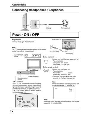 Page 1010
R-STANDBY  G-POWER ON
POWER TV/VIDEO– VOL +CH
R-STANDBY  G-POWER ON
POWER
ZOOMCH 6STEREO
SAP
MONO
POWER
Note:
The TV consumes some power as long as the power
cord is inserted into the wall outlet.
On the main unit Main POWER
switch
On the remote control
Power ON / OFF
Press to turn the TV on / off.
•Power indicator
Power ON : Green
Power OFF (Standby): Red
•This does not work when the main
power is off (No light) (see above).
Note:
The screen below is displayed for a few
moments when the TV is turned...