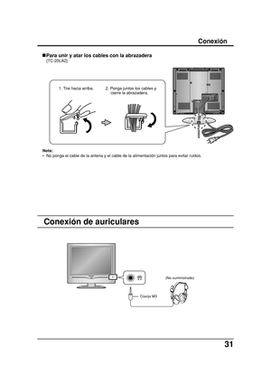Page 3131
Conexión de auriculares
(No suministrado)
Clavija M3
AUDIOVIDEO S-VIDEOR RL
LY
PBPR1
2AUDIOCOMPORNENT VIDEO INPUTINPUTVIDEOVHF     UHF
Nota:
•  No ponga el cable de la antena y el cable de la alimentación juntos para evitar ruidos. 1. Tire hacia arriba. 2. Ponga juntos los cables y
cierre la abrazadera.
Para unir y atar los cables con la abrazadera
[TC-20LA2]
Conexión 