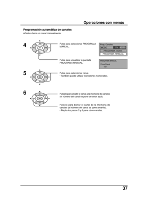 Page 3737
Pulse para seleccionar PROGRAMA
MANUAL.
Pulse para visualizar la pantalla
PROGRAMA MANUAL.4
Pulse para seleccionar canal.
• También puede utilizar los botones numerados.5
6
Púlselo para añadir el canal a la memoria de canales
(el número del canal se pone de color azul).
Púlselo para borrar el canal de la memoria de
canales (el número del canal se pone amarillo).
• Repita los pasos 5 y 6 para otros canales. Añada o borre un canal manualmente.
Prog. Canales
MODO
PROGRAMA  AUTO  
PROGRAMA  MANUAL     TV...