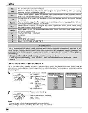 Page 1616
LOCK
6Press to select VIEW E
PROGRAMS?.∗
Press to select NO or YES.
NO : Cannot view
programs with E
signals.
YES : Can view
programs with E
signals.
∗E means Exempt.
7Press to select the rating.
Press to lock or unlock the rating.
Lock : Red
Unlock : Green
CANADIAN FRENCH
VIEW  E  PROGRAMS?
NO  YES
G
8 ANS+
13ANS+
16ANS+
18ANS+
CANADIAN ENGLISH
VIEW  E  PROGRAMS?
NO  YES
C
C8+
G
P G
14+
18+
CANADIAN ENGLISH / CANADIAN FRENCH
The V-CHIP used in this TV allows you to block various types of movies and...