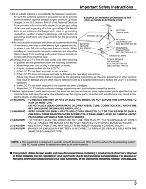 Page 33
18)If an outside antenna is connected to the television equipment,
be sure the antenna system is grounded so as to provide
some protection against voltage surges and built up static
charges. In the U.S. Section 810-21 of the National Electrical
Code provides information with respect to proper grounding
of the mast and supporting structure, grounding of the lead-in
wire to an antenna discharge unit, size of grounding
conductors, location of antenna discharge unit, connection to
grounding electrodes, and...