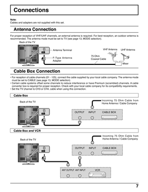 Page 77
AUDIOVIDEOS-VIDEOR RL
LY
PBPR1
2AUDIOCOMPONENT VIDEO INPUTINPUTVIDEO
ANT
AUDIOVIDEOS-VIDEOR RL
LY
PBPR1
2AUDIOCOMPONENT VIDEO INPUTINPUTVIDEO
ANT
AUDIOVIDEOS-VIDEOR RL
LY
PBPR1
2AUDIOCOMPONENT VIDEO INPUTINPUTVIDEO
ANT
Connections
Antenna Connection
For proper reception of VHF/UHF channels, an external antenna is required. For best reception, an outdoor antenna is
recommended. The antenna mode must be set to TV (see page 13, MODE selection).
75 Ohm
Coaxial Cable
Mixer UHF Antenna VHF Antenna
Antenna...