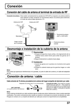 Page 3737
Conexión del cable de antena al terminal de entrada de RF
Conexión de antena - Para recibir correctamente los canales de VHF/UHF se requiere una antena externa.
Para obtener la mejor recepción se recomienda utilizar una antena para exteriores.
El modo de antena debe ajustarse a TV.
S-VIDEO S-VIDEOL
R
YY
L
RL
R
VIDEO VIDEO
AUDIO AUDIOPBPBPRPR 12 12
AUDIO OUTHPJ
COMPONENT VIDEO
INPUTL
RL
RVIDEO VIDEO
AUDIO AUDIOINPUT
ANT
Desmontaje e instalación de la cubierta de la antena
1 
Desmontaje
1.Empuje los...