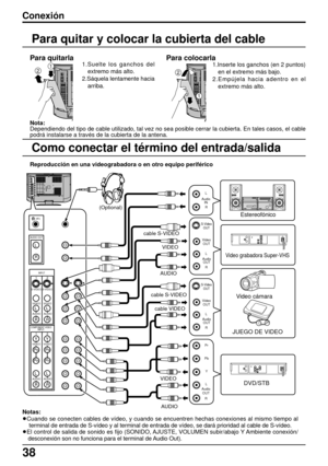 Page 3838
Notas:
•Cuando se conecten cables de vídeo, y cuando se encuentren hechas conexiones al mismo tiempo al
terminal de entrada de S-vídeo y al terminal de entrada de vídeo, se dará prioridad al cable de S-vídeo.
•El control de salida de sonido es fijo (SONIDO, AJUSTE, VOLUMEN subir/abajo Y Ambiente conexión/
desconexión son no funciona para el terminal de Audio Out).
Conexión
Nota:
Dependiendo del tipo de cable utilizado, tal vez no sea posible cerrar la cubierta. En tales casos, el cable
podrá...