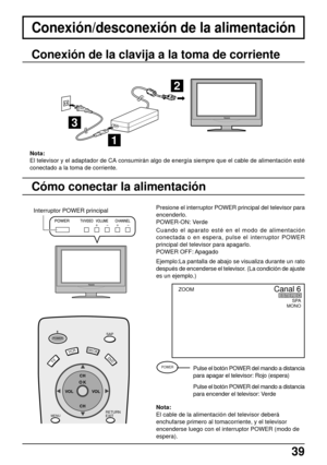 Page 3939
Conexión/desconexión de la alimentación
VCRDV D
RETURN
EXITMENU
SAPPOWER
CH
CH VOL VOL
DBS/CBL
TV
O K
2
1
3
ZOOM
POWER
Nota:
El cable de la alimentación del televisor deberá
enchufarse primero al tomacorriente, y el televisor
encenderse luego con el interruptor POWER (modo de
espera). Presione el interruptor POWER principal del televisor para
encenderlo.
POWER-ON: Verde
Cuando el aparato esté en el modo de alimentación
conectada o en espera, pulse el interruptor POWER
principal del televisor para...