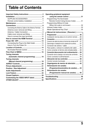 Page 55
Table of Contents
Important Safety Instructions .............................. 2
Installation ............................................................. 6
SUPPLIED ACCESSORIES ................................ 6
Remote control battery installation ...................... 7
Maintenance .......................................................... 7
Connections .......................................................... 8
Connecting the Antenna Cable to the Antenna Terminal ....8
Antenna cover removal and...