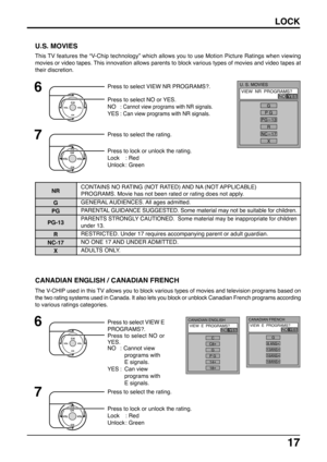 Page 1717
The V-CHIP used in this TV allows you to block various types of movies and television programs based on
the two rating systems used in Canada. It also lets you block or unblock Canadian French programs according
to various ratings categories.
U.S. MOVIES
6
7
Press to select the rating.
U. S. MOVIES
VIEW  NR  PROGRAMS?
NO  YES
G
P G
PG
-13
R
NC
-17
X
CANADIAN ENGLISH / CANADIAN FRENCH
6Press to select VIEW E
PROGRAMS?.
Press to select NO or
YES.
NO : Cannot view
programs with
E signals.
YES : Can view...