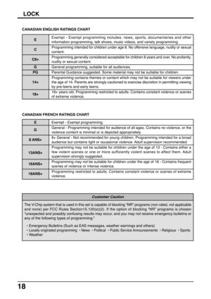 Page 1818
LOCK
The V-Chip system that is used in this set is capable of blocking “NR” programs (non rated, not applicable
and none) per FCC Rules Section15.120(e)(2). If the option of blocking “NR” programs is chosen
“unexpected and possibly confusing results may occur, and you may not receive emergency bulletins or
any of the following types of programming:”
Customer Caution
• Emergency Bulletins (Such as EAS messages, weather warnings and others)
• 
Locally originated programming  • News  • Political  •...