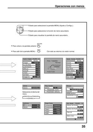 Page 3535
CH
CH VOL VOLOK
RETURN
EXIT
MENU
• Para volver a la pantalla anterior :
• Para salir de la pantalla MENU : Con esto se retorna a la visión normal.Púlselo para seleccionar la pantalla MENU (Ajuste o Configu.).
Púlselo para seleccionar la función de menú secundario.
Púlselo para visualizar la pantalla de menú secundario.
Seleccione el idioma del
menú.
No No
EN MUDOMODO
Subtítulos
Idioma
IdiomaESPAÑOL
Normal
Imagen
Luz de Atras
CONTRASTE
BRILLO
COLOR
TINTE
NITIDEZ
Imagen IANormal
No     Si + 20
+ 20
0
0...