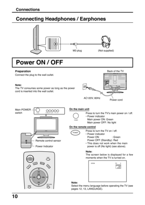 Page 1010
POWERTV/VIDEO VOLCH
POWER
VCRDVD
RETURN
EXITMENU
SAP
CH
CH VOL VOL
DBS/CBL
TV
O K
POWER
ZOOMCH 6STEREO
SAP
MONO
POWER
Note:
The TV consumes some power as long as the power
cord is inserted into the wall outlet.
On the main unit
Main POWER
switch
On the remote control
Power ON / OFF
Press to turn the TV on / off.
•Power indicator
Power ON : Green
Power OFF (Standby): Red
•This does not work when the main
power is off (No light) (see above).
Note:
The screen below is displayed for a few
moments when the...