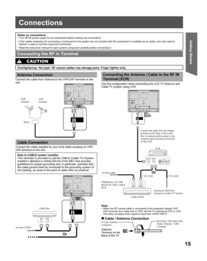 Page 1515
Getting Started
Connections
Notes on connections•  Turn off the power supply for all components before making any connections.
•  If the cables necessary for connecting a component to the system are not included with the component or available as an option, you may need to 
fashion a cable to suit the component concerned.
•  Read the instruction manual for each system component carefully before connecting it.
Connect the cable from Antenna to the VHF/UHF terminal on the 
unit.
Cable Connection...