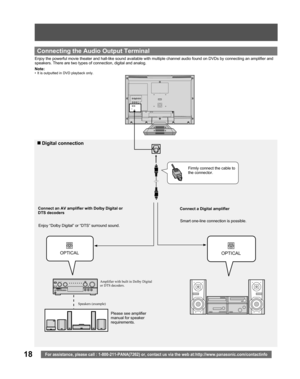 Page 1818For assistance, please call : 1-800-211-PANA(7262) or, contact us via the web at:http://www.panasonic.com/contactinfo
Enjoy the powerful movie theater and hall-like sound available with multiple channel audio found on DVDs by connecting an amplifier and 
speakers. There are two types of connection, digital and analog.
Connect an AV amplifier with Dolby Digital or 
DTS decoders
