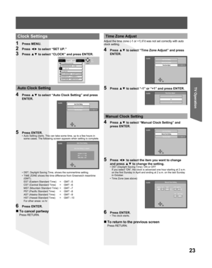 Page 2323
TV Operation
  Clock Settings
1 Press MENU.
2 Press ◄► to select “SET UP.”
3 Press ▲▼ to select “CLOCK” and press ENTER. 
 MENU
 ADJ. SET UP FUNC.
   LANGUAGE
   PROGRAM CH
   CLOCK
   LOCK
   CLOSED CAPTION
   INPUT LABEL
   OTHER ADJUST                     OK
                     PAGE
                   RETURN
SELECT
4 Press ▲▼ to select “Auto Clock Setting” and press 
ENTER.
•  DST, Daylight Saving Time, shows the summertime setting.
•  TIME ZONE shows the time difference from Greenwich meantime...