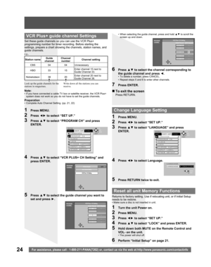 Page 2424For assistance, please call : 1-800-211-PANA(7262) or, contact us via the web at:http://www.panasonic.com/contactinfo
  Reset all unit Memory Func tions
Returns to factory setting. Use if relocating unit, or if Initial Setup 
needs to be redone.
• Make sure a disc is not inserted in unit.
1  Turn the unit Power on.
2 Press MENU.
3 Press ◄► to select “SET UP.”
4 Press ▲▼ to select “LOCK” and press ENTER.
5  Hold down both MUTE on the Remote Control and 
VOL- on the unit.
• The power will shut off.
6...