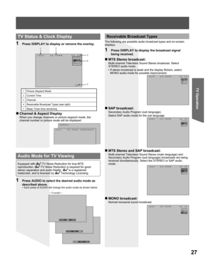 Page 2727
TV Operation
STEREO 
SAP   MONO
1  Press DISPLAY to display or remove the overlay.
  TV Status & Clock Display
 JUST   12:34PM     CH 12
                   
                      30STEREO
SAP
MONO
12
3
4
5
1
Picture (Aspect) Mode
2
Current Time
3
Channel
4
Receivable Broadcast Types (see right)
5
Sleep Timer time remaining
