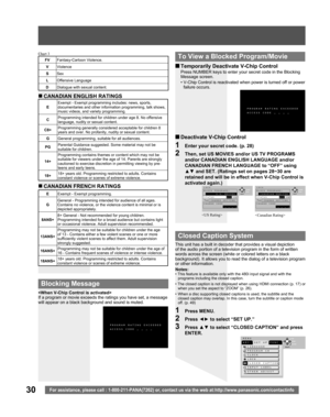 Page 3030For assistance, please call : 1-800-211-PANA(7262) or, contact us via the web at:http://www.panasonic.com/contactinfo
EExempt - Exempt programming includes: news, sports, 
documentaries and other information programming, talk shows, 
music videos, and variety programming.
CProgramming intended for children under age 8. No offensive 
language, nudity or sexual content.
C8+Programming generally considered acceptable for children 8 
years and over. No profanity, nudity or sexual content.
GGeneral...