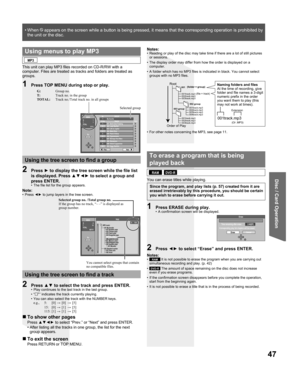 Page 4747
Disc / Card Operation
G 8
T  14
TOTAL
 40
/111 MENU
0      9No.
TREEG      7/25
MP3 music
  001 My favorite
  001 Brazilian pops
  002 Chinese pops
 003 Czech pops
  004 Hungarian pops
 005 Liner notes
  006 Japanese pops
  007 Mexican pops
  008 Philippine pops
  009 Swedish pops
 001 Momoko
 002 Standard number
  001 Piano solo
 002 Vocal
TOTAL TRACK TREEG 1
T  1
TOTAL
 1
/111 MENU
0      9No.   No.  GROUP
Prev.Next
001 Both Ends Freezing
002 Lady Starfish
003 Life on Jupiter
004 Metal Glue
005...