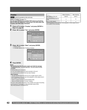 Page 6262For assistance, please call : 1-800-211-PANA(7262) or, contact us via the web at:http://www.panasonic.com/contactinfo
(Refer to “Finalize” on page 70.)
   
Finalize
You can play DVD-R on compatible DVD players by finalizing 
them on this unit, effectively making them into DVD-Video that 
complies with DVD-Video standards.
1 Press ▲▼ to select “Finalize” and press ENTER in 
Step 4 on page 60.
2 Press ◄► to select “Yes” and press ENTER.
Before finalizing After finalizing
Disc display on this unit DVD-R...
