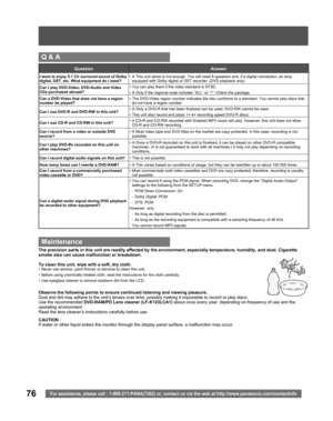 Page 7676For assistance, please call : 1-800-211-PANA(7262) or, contact us via the web at:http://www.panasonic.com/contactinfo
  Q & A
Question Answer
I want to enjoy 5.1 Ch surround sound of Dolby 
digital, DST, etc. What equipment do I need?•  A This unit alone is not enough. You will need 6 speakers and, if a digital connection, an amp 
equipped with Dolby digital or DST recorder. (DVD playback only)
Can I play DVD-Video, DVD-Audio and Video 
CDs purchased abroad?•  You can play them if the video standard is...