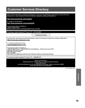 Page 7979
Information
As of October 2003
Obtain Product Information and Operating Assistance; locate your nearest Dealer or Servicenter; purchase Parts and 
Accessories; or make Customer Service and Literature requests by visiting our Web Site at:
http://www.panasonic.com/support
or, contact us via the web at:
http://www.panasonic.com/contactinfo
You may also contact us directly at:
1-800-211-PANA (7262),
Monday-Friday 9 am-9 pm; Saturday-Sunday 10 am-7 pm, EST.
Service in Puerto Rico
Matsushita Electric of...