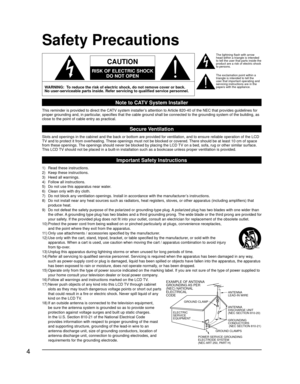 Page 44
WARNING:  To reduce the risk of electric shock, do not remove cover or back.
No user-serviceable parts inside. Refer servicing to qualified service personnel.
CAUTION
RISK OF ELECTRIC SHOCK
DO NOT OPEN
ANTENNA
LEAD-IN WIRE
ANTENNA
DISCHARGE UNIT 
(NEC SECTION 810-20)
GROUNDING 
CONDUCTORS
 (NEC SECTION 810-21)
GROUND CLAMPS
POWER SERVICE GROUNDING 
ELECTRODE SYSTEM 
(NEC ART 250, PART H) ELECTRIC 
SERVICE 
EQUIPMENTGROUND CLAMP
EXAMPLE OF ANTENNA 
GROUNDING AS  PER 
(NEC) NATIONAL 
ELECTRICAL
CODE...