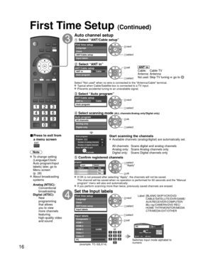 Page 1616
First Time Setup (Continued)
■ Press to exit from 
a menu screen
Note
 To change setting (Language/Clock/
Auto program/Input 
labels) later, go to 
Menu screen 
(p. 28)
 About broadcasting systems
 Analog (NTSC):
     Conventional 
broadcasting
 Digital (ATSC):
     New 
programming 
that allows 
you to view 
more channels 
featuring 
high-quality video 
and sound
Auto channel setup
 Select “ANT/Cable setup”
First time setupLanguage
Clock
ANT/Cable setup
Input labels next
 select
 Select “ANT in”...