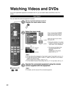 Page 2222
Watching Videos and DVDs
If you have applicable equipment connected to the TV, you can watch videos and DVDs on the TV’s 
screen.
Input Select
You can select the external equipment to access.
■ To return to TV
  
With the connected equipment turned On
Display the Input select menu
Select the input mode
Input selectTV12345678
Component
HDMI 1
HDMI 2
HDMI 3
Video 1
PC Video 2AUX
GAME
GAME
GAME
(example: TC-32LX14)
or
 select
 enter
Press corresponding NUMBER 
button on the remote control to 
select the...