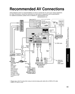 Page 4343
Advanced
 Recommended AV Connections
 Using Timer
ANTENNACable In
Y
PR
PB
RLAUDIORLAUDIO VIDEO
HDMI 1HDMI 2
COMPONENT INVIDEO IN 1AUDIO IN PC
DIGITAL
AUDIO OUT
Recommended AV Connections
These diagrams show our recommendations on how to connect the TV unit to your various equipment.
For other connections, consult the instructions for each piece of equipm\
ent and its specifications. 
For additional assistance, please visit our website at:   www.panasonic.com
www.panasonic.ca
 *1 Please see p. 26-27...