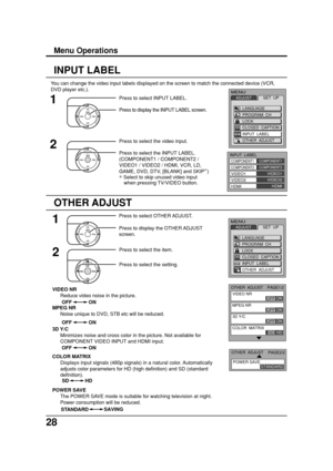 Page 2828
Press to select OTHER ADJUST.
Press to display the OTHER ADJUST
screen.1CH
CH VOL VOLO K
INPUT LABEL
Press to select the item.2
CH
CH VOL VOLOKPress to select the setting.
OTHER ADJUST
You can change the video input labels displayed on the screen to match the connected device (VCR,
DVD player etc.).
Press to select INPUT LABEL.
Press to display the INPUT LABEL screen.
1
2
Press to select the video input.
CH
CH VOL VOLO KPress to select the INPUT LABEL.
(COMPONENT1 / COMPONENT2 /
VIDEO1 / VIDEO2 /...