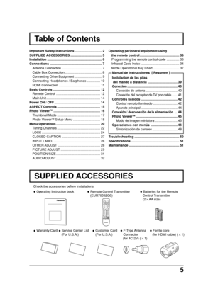 Page 55
123
456
78
09
Table of Contents
Important Safety Instructions .............................. 2
SUPPLIED ACCESSORIES ................................... 5
Installation ............................................................. 6
Connections .......................................................... 7
Antenna Connection............................................. 7
Cable Box Connection ......................................... 8
Connecting Other Equipment .............................. 9
Connecting...