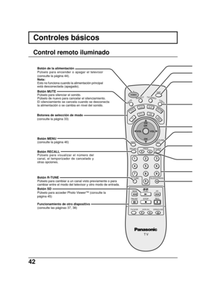 Page 4242
123
456
78
09
DTV
AUXDVD
VCR
DBS
RCVR
RETURN
EXITMENU
PLAY R-TUNE SLEEP/PROGGUIDESAP
PAGE RECALL
STOP PAUSERECFF REW
TV/VCR
VCR CHOPEN/CLOSE
MUTEASPECTTV/VIDEOLIGHT
POWER
CBL
CH
CH VOL VOLOK
TV
T V
Controles básicos
Botones de selección de modo
(consulte la página 33)
Funcionamiento de otro dispositivo
(consulte las páginas 37, 38)
Botón MUTE
Púlselo para silenciar el sonido.
Púlselo de nuevo para cancelar el silenciamiento.
El silenciamiento se cancela cuando se desconecta
la alimentación o se cambia...