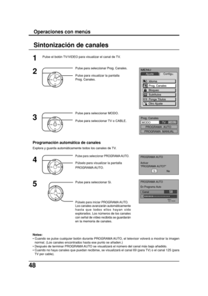 Page 4848
CH
CH VOL VOLO K
CH
CH VOL VOLO K
CH
CH VOL VOLO K
MENU
AjusteConfigu.
PROGRAMA AUTO  
Activar
"PROGRAMA AUTO?"
Si                No
PROGRAMA AUTO  
En Programa Auto
PARAR
Canal                             58     
MENU
Prog. Canales
MODO
PROGRAMA  AUTO  
PROGRAMA  MANUAL     TV    CABLE
Sintonización de canales
Notas:
• Cuando se pulse cualquier botón durante PROGRAMA AUTO, el televisor volverá a mostrar la imagen
normal. (Los canales encontrados hasta ese punto se añaden.)
• Después de...