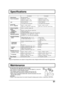 Page 5151
TC-26LX20
Average use : 133 W
(Maximum Current 1.7 A)
Stand-by condition : 0.4 W
26-inch (661mm)
16:9 aspect ratio LCD panel
22.30 ″ ×13.38 ″× 26.00 ″
(556.4 mm × 339.8 mm × 660.5 mm)
33.23 ″ × 22.51 ″× 12.64 ″
(844 mm × 571.8 mm × 321 mm)
33.23 ″ × 18.82 ″× 5.39 ″
(844 mm × 478 mm × 137 mm)
22.8 kg (59.2 lb.) NET
AC 120 V, 60 Hz
VHF-12 : UHF-56 : Cable-125
 
8 cm × 2 pcs,  
4 cm × 2 pcs, 8 Ω
 M3 (3.5 mm) Jack × 1
CLOSED CAPTION, V-Chip, SD / PC card slots
Temperature : 41 °F - 95 °F (5 °C –  35 °C)...