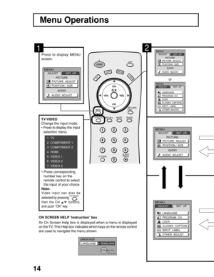 Page 14
14
VCRDVD
1 2 3
4 5 6
7 8
0
9
RETURN
EXIT
R-TUNE SLEEP
PROG GUIDE
RECALL MUTE
SAPPOWER
CH
DBS/CBLL
TV
CH
VOL
TV/VIDEOO
Menu Operations
2
or
Press  to  display  MENU
screen.
An On Screen Help box is displayed when a menu is displayed
on the TV. This Help box indicates which keys on the remote control
are used to navigate the menu shown. ON SCREEN HELP 
‘
Instruction’ box
1
MENU
ADJUST SET  UP
LANGUAGE
PROGRAM  CH
LOCK
CLOSED  CAPTION
INPUT  LABEL
OTHER  ADJUST
MENUADJUST SET  UP
LANGUAGE
PROGRAM  CH...