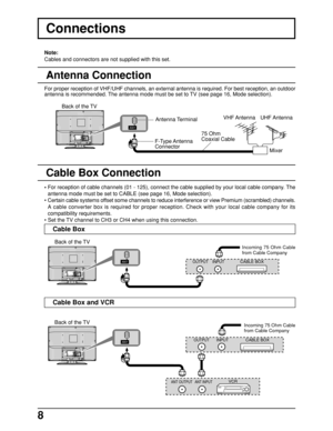 Page 88
ANT
ANT
ANT
Connections
Antenna Connection
For proper reception of VHF/UHF channels, an external antenna is required. For best reception, an outdoor
antenna is recommended. The antenna mode must be set to TV (see page 16, Mode selection).
75 Ohm
Coaxial Cable
Mixer UHF Antenna VHF Antenna
Antenna Terminal
F-Type Antenna
Connector Note:
Cables and connectors are not supplied with this set.
Back of the TV
Incoming 75 Ohm Cable
from Cable CompanyBack of the TV •For reception of cable channels (01 - 125),...