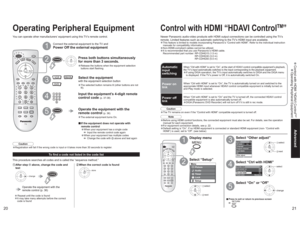 Page 112021
Advanced Control with HDMI “HDAVI ControlTM” Operating Peripheral Equipment
Other adjust 
Auto power on 
Prog-out stop 
Off
Off
Ctrl with HDMI 
On
Standard Power save 
Menu
Picture
AudioLockSetupTimer
SetupCH scan 
ALL 
Language
Program channel
Input labels
CCOther adjust
Operating Peripheral EquipmentYou can operate other manufacturers’ equipment using this TV’s remote control.
Connect the external equipment to the TV and
Power Off the external equipment
Press both buttons simultaneously 
for more...