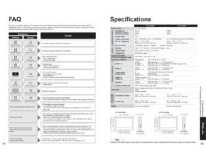 Page 234445
FAQs, etc. Specifications Frequently Asked Questions
FA Q
25.9 ”  (657 mm)
4.6 ” (117 mm)
11.8 ” (300 mm)
18.6 ” (473 mm) 20.7 ” (525 mm)
31.1 ”  (791 mm)
19.8 ”  (504 mm)
19.8 ”  (504 mm)
4.6 ” (117 mm)
11.8 ” (300 mm)
22.2 ” (563 mm) 24.2 ” (615 mm)
TC-26LX600 TC-32LX600
Power SourceAC 120 V, 60 HzPower Consumption
Average use
Maximum Current
Standby condition11 3  W
2.2 A
0.6 W126 W
2.4 A
0.6 W
Aspect Ratio16:9
Visible screen size
(W × H × Diagonal)
(No. of pixels)26.0 ” DIAGONAL (66.1 cm...