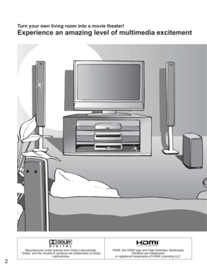 Page 22
R
Manufactured under license from Dolby Laboratories.
“Dolby” and the double-D symbols are trademarks of Dolby 
Laboratories.HDMI, the HDMI logo and High-Definition Multimedia 
Interface are trademarks
or registered trademarks of HDMI Licensing LLC.
Experience an amazing level of multimedia excitement
Turn your own living room into a movie theater! 