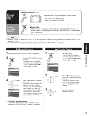 Page 1111
Viewing
 Watching TV
Setting 1/3
[1]
[2]
[3]
[4]
[5]
Setting 1/3
[1]   26-1 
[2]
[3]
[4]
[5]
Favorite 1/3
[1]
[2]
[3]
[4]
[5]
Change
aspect
ratio
Call up
a favorite
channel
Change the aspect (p. 40)
•Press button to cycle through the aspect modes.
• 480i, 480p:FULL/JUST/4:3/ZOOM
• 1080i, 720p:FULL/H-FILL/JUST/4:3
vFAVORITE
  Channel numbers registered in Favorite are displayed on the favorite tune 
screen. Select the desired broadcast station with the cursor, or using number 
keys. (see below)
Note...
