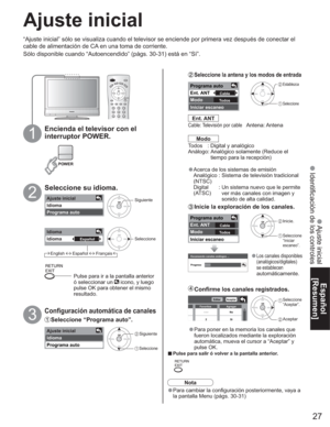 Page 2727
Español
[Resumen]
 Ajuste  inicial
 Identificación de los controles
Ajuste inicial
Idioma
Programa auto
Idioma
IdiomaEspañol
Ajuste inicial
Idioma
Programa auto
Escaneando canales análogos ...
Progreso
Programa auto
Ent. ANT
Modo
Iniciar escaneo
Cable
To d o s
Programa auto
Ent. ANT
Modo
Iniciar escaneo
Cable
To d o s
- - -
2
Editar
FavoritosAceptar
No
Si Agregar
Ajuste inicial
Siguiente
Ent. ANT
Cable: Televisión por cable Antena: Antena
Modo
Todos  : Digital y analógico
Análogo: Analógico solamente...