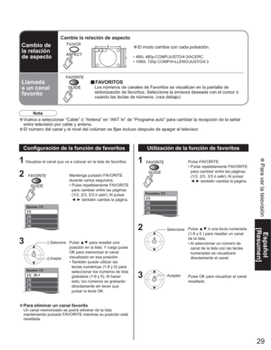 Page 2929
Español
[Resumen]
 Para ver la televisión
Ajustes 1/3
[1] 
[2] 
[3] 
[4] 
[5]
Ajustes 1/3
[1]   26-1 
[2] 
[3] 
[4] 
[5]
Favoritos 1/3
[1] 
[2] 
[3] 
[4] 
[5]
Nota
•Vuelva a seleccionar “Cable” ó “Antena” en “ANT In” de “Programa auto” para cambiar la recepción de la señal 
entre televisión por cable y antena.
•El número del canal y el nivel del volúmen se fijan incluso después de apagar el televisor.
Cambio de
la relación
de aspecto
Llamada
a un canal 
favorito•El modo cambia con cada pulsación.
•...