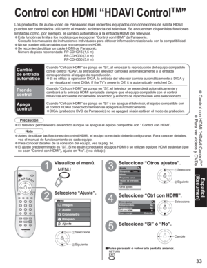 Page 3333
Español
[Resumen]
 Control con HDMI “HDAVI Control
TM
”
 Para ver vídeos y DVDs
Otros ajustes 
 
Autoencendido 
 
Para prog-outNo 
 
No 
 
Ctrl con HDMI 
 Sí 
 
Estándar Econ. energía
Menú
Imagen
Audio
Bloqueo
Ajuste Cronόmetro
Ajuste 
 
Búsqueda Todos Idioma
Programa canal
Títulos de entradas
CC
Otros ajustes
vPulse para salir ó volver a la pantalla anterior.
Control con HDMI “HDAVI Control
TM
”
Los productos de audio-vídeo de Panasonic más recientes equipados con conexiones de salida HDMI 
pueden...