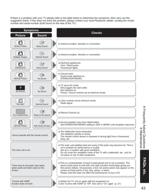 Page 4343
FAQs, etc.
 Frequently Asked Questions
 Maintenance
If there is a problem with your TV please refer to the table below to determine the symptoms, then carry out the 
suggested check. If this does not solve the problem, please contact your local Panasonic dealer, quoting the model 
number and serial number (both found on the rear of the TV).
Symptoms
Checks
PictureSound
Noisy SoundSnowy Picture
Normal SoundMultiple Images
Noisy SoundInterference
No SoundNormal Picture
No SoundNo Picture
Normal SoundNo...