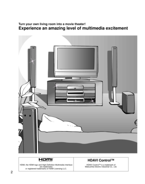Page 22
HDAVI Control™
HDMI, the HDMI logo and High-Definition Multimedia Interface are trademarks
or registered trademarks of HDMI Licensing LLC. HDAVI Control™ is a trademark of 
Matsushita Electric Industrial Co., Ltd.
Experience an amazing level of multimedia excitement
Turn your own living room into a movie theater! 